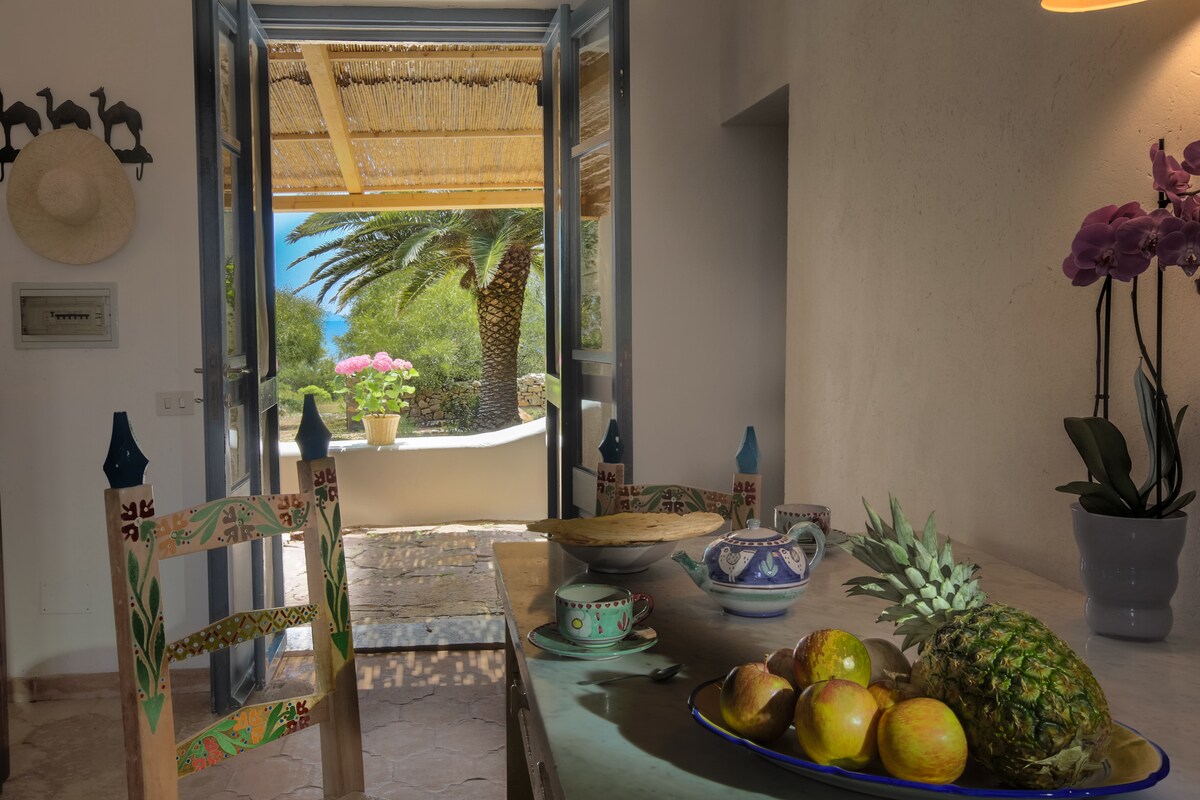 A bright kitchen area is seen through open doors leading to a shaded patio. A dining table is adorned with a colorful bowl of fruit, including apples and a pineapple. In the background, tropical plants and a glimpse of the sea are visible.