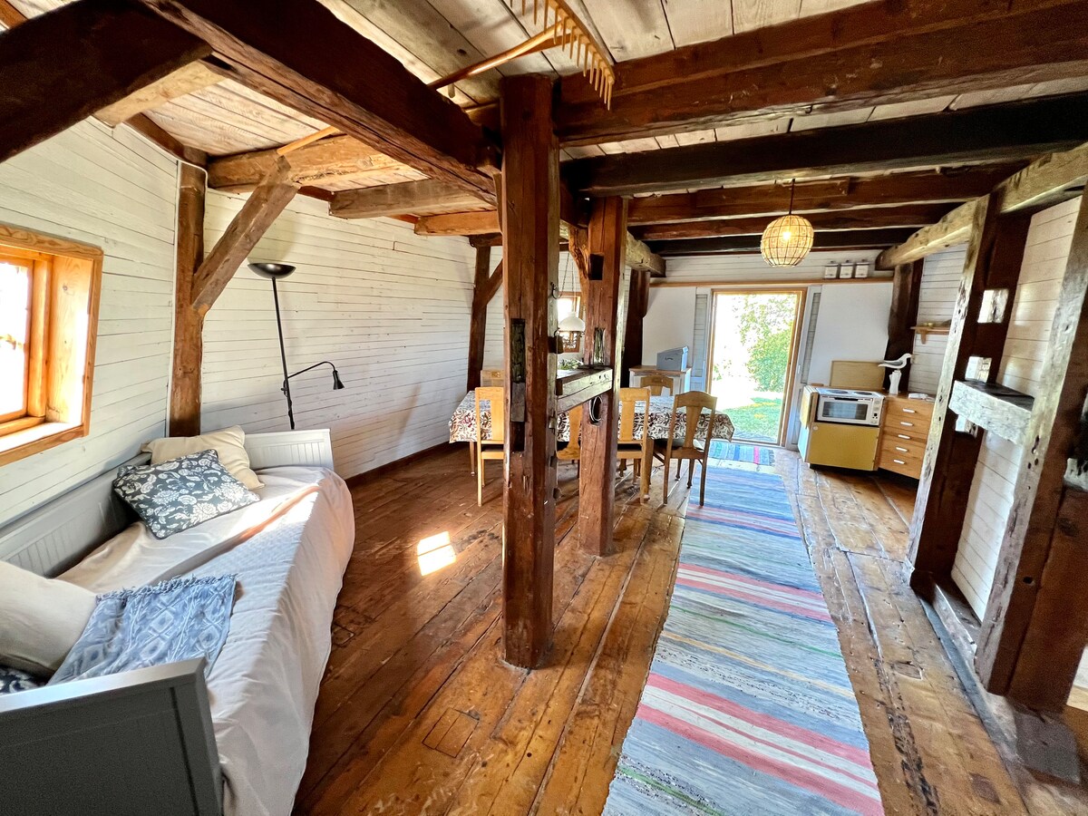 An open living area features rustic wooden beams, an area rug with various colors, and a white daybed positioned near a window. A wooden dining table and four chairs are arranged in the center, while a kitchenette is visible in the background, illuminated by natural light.