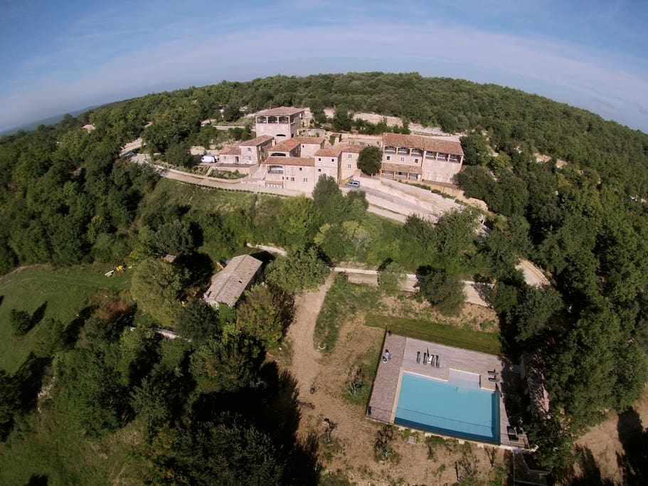 Aerial view of the hamlet and the swimming pool