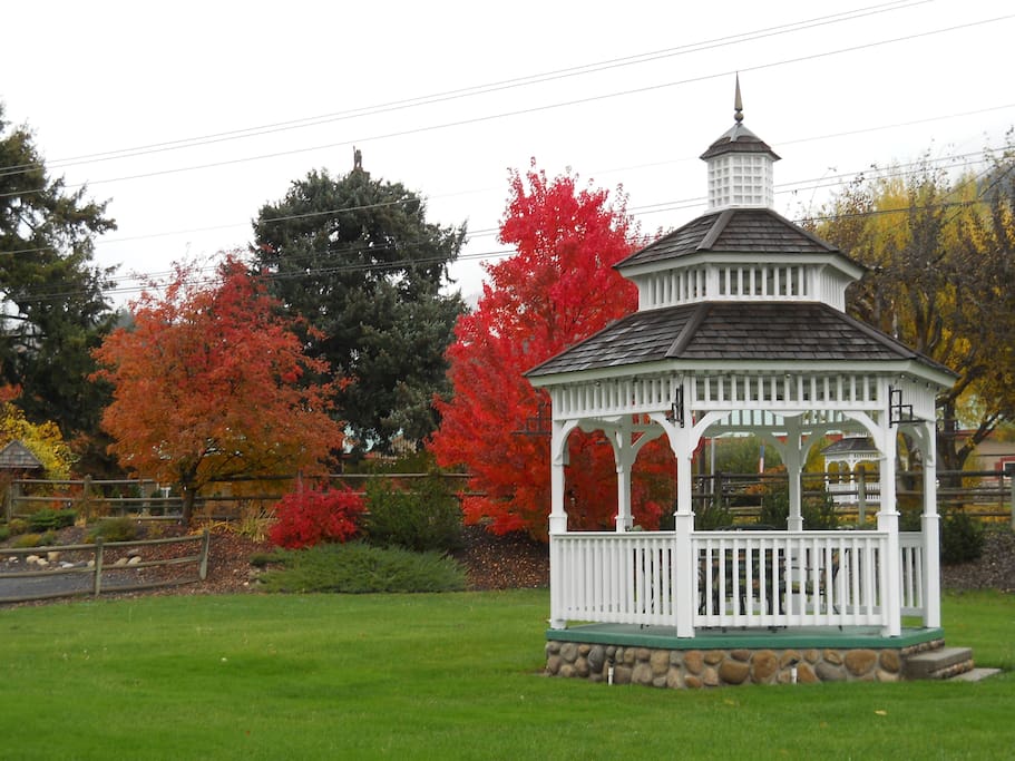 Gazebo and trees in front yard.