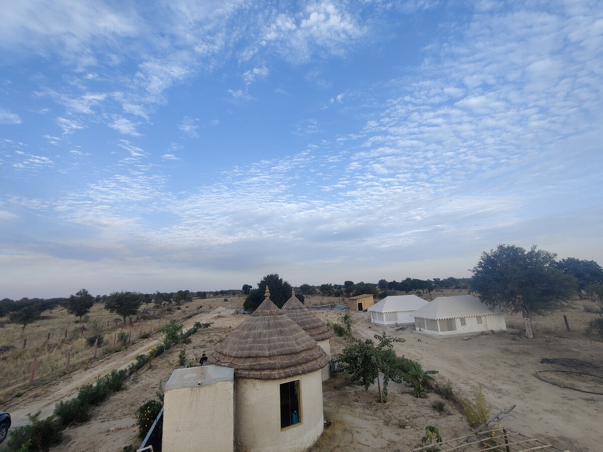 A rustic structure with a thatched roof is positioned in an open desert landscape, surrounded by sparse vegetation and scattered trees. White tents are visible nearby, against a backdrop of a blue sky adorned with soft clouds, creating a calm and expansive setting.