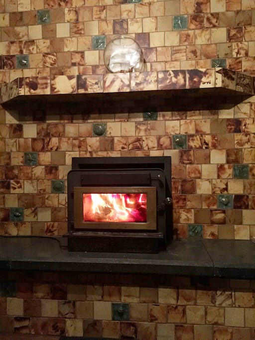 Beautiful house warming wood insert. Tiles made in downtown Point Arena by Matt at Point Arena Tileworks.