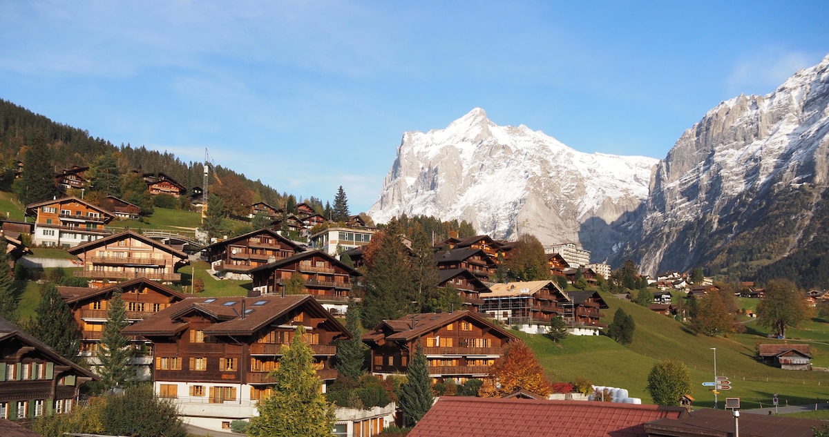 A scenic view of a mountain village, featuring traditional wooden chalets nestled among lush greenery. Snow-capped mountains rise majestically in the background, with clear blue skies overhead, creating a serene and inviting landscape.