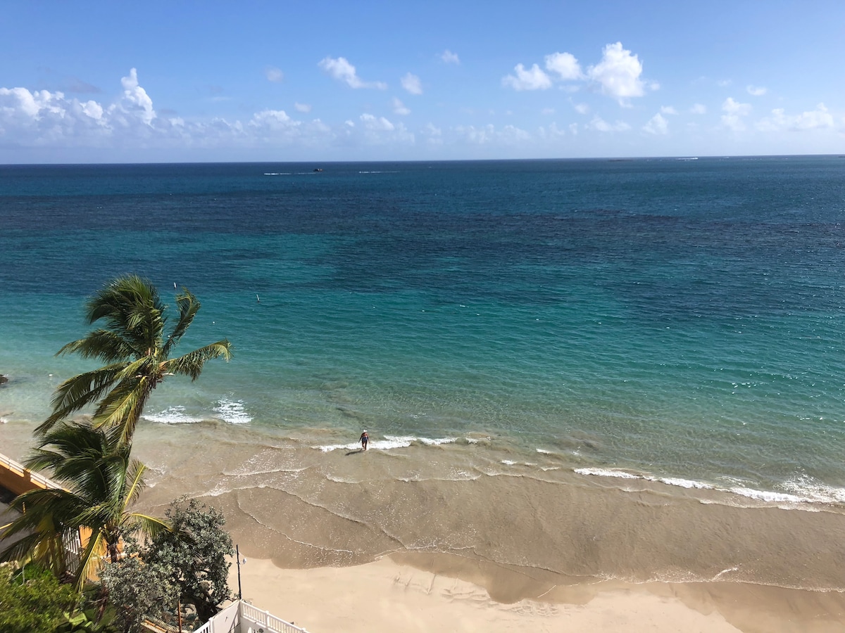 The image captures a serene beach landscape with clear blue water gently lapping at the shore. A person is visible walking along the edge of the water. Lush palm trees frame the scene, enhancing the coastal atmosphere under a bright blue sky dotted with fluffy white clouds.