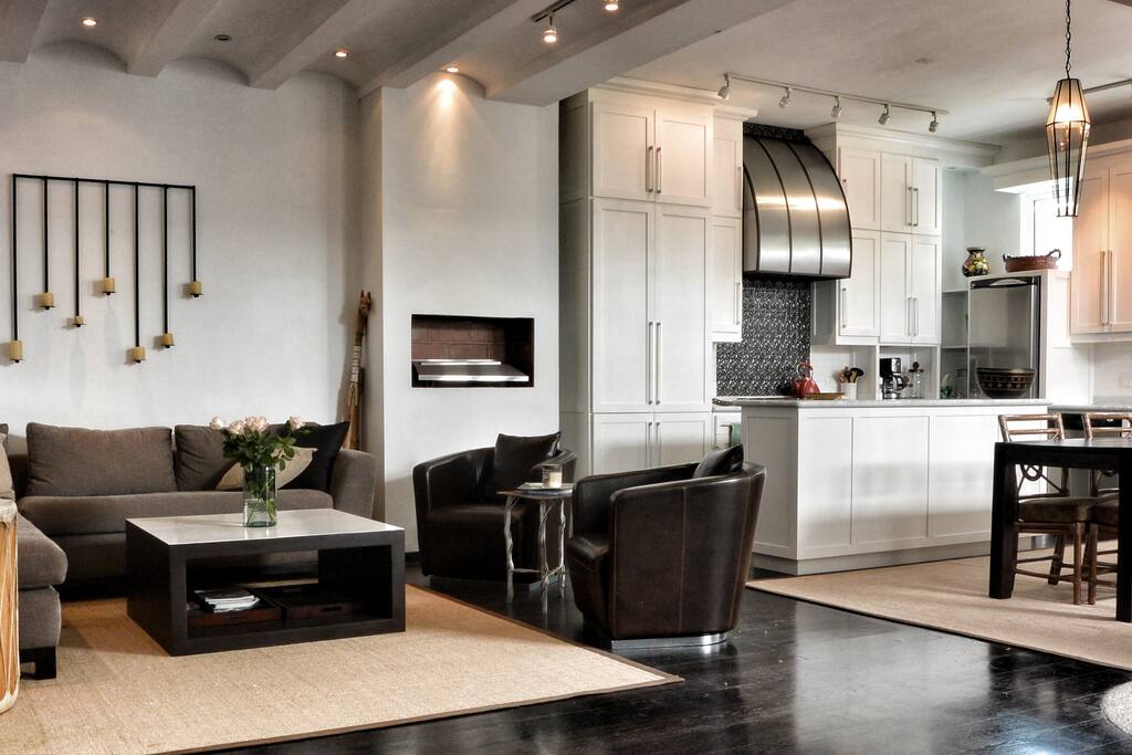 The wall fireplace warms the whole house.