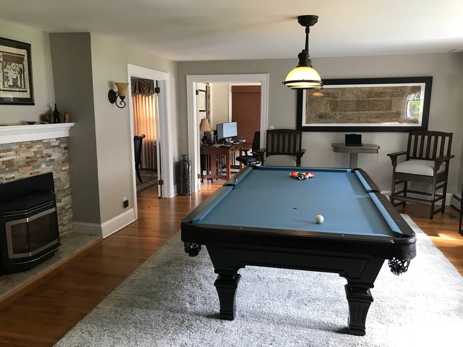 Living room with 9' pool table