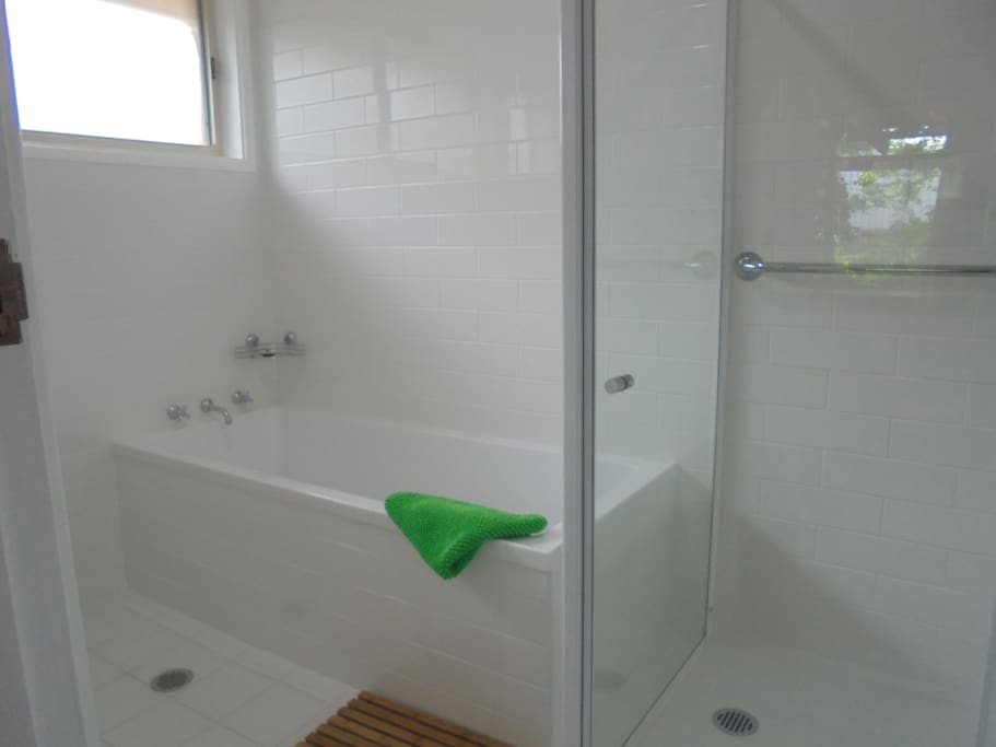 Bathroom with big bathtub - perfect for a soak after a day of bushwalking. Contains heated towel rail. Toilet is separate to bathroom.