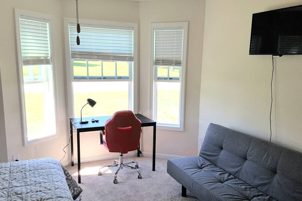 TV Futon Study Area and Windows Room with Ceiling Fan