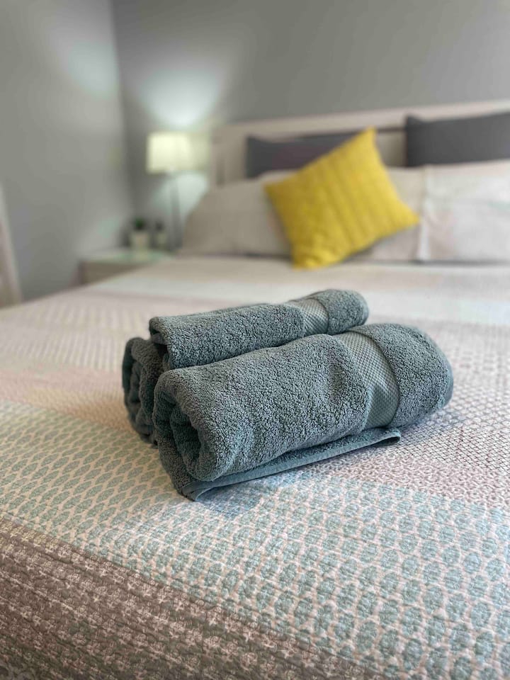 Glavna spavaća soba s ogrtačima za odlaganje kofera i odjeće.  