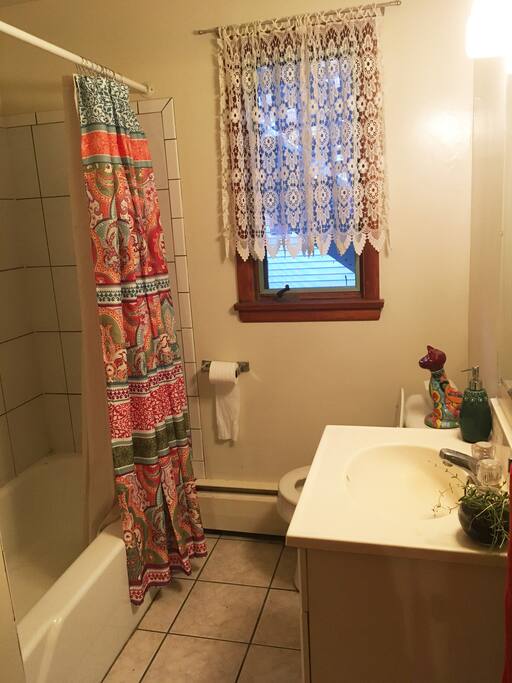 One small, full bathroom, hot shower with good water pressure.
