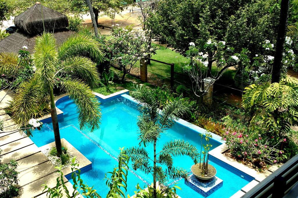 Jardim tropical com especies nativas e exóticas a 100 metros da praia e do mar