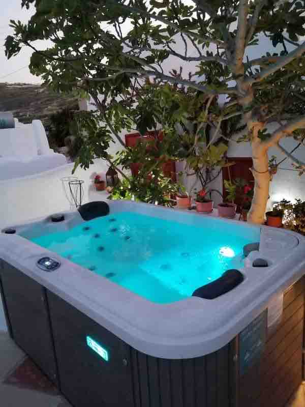 An outdoor jacuzzi is set amidst greenery, illuminated by blue LED lights. The relaxing water surface reflects the surrounding plants and environment, creating a serene setting for unwinding. A few potted plants can be seen nearby, enhancing the natural ambiance.