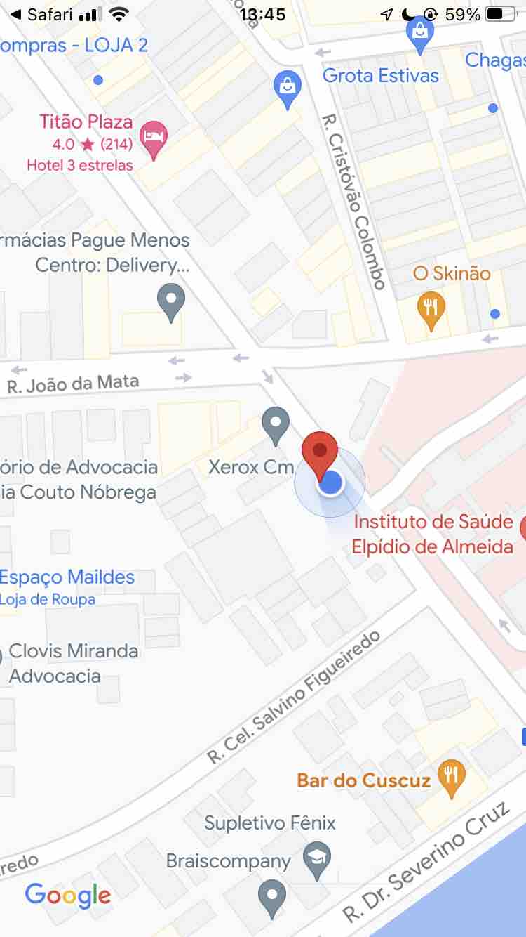 A map view is displayed, showcasing a central location with notable landmarks marked. Nearby points of interest include the Instituto de Saúde Elpidio de Almeida and various local businesses. The layout highlights the proximity to essential services and urban pathways, illustrating the vibrant surrounding area.