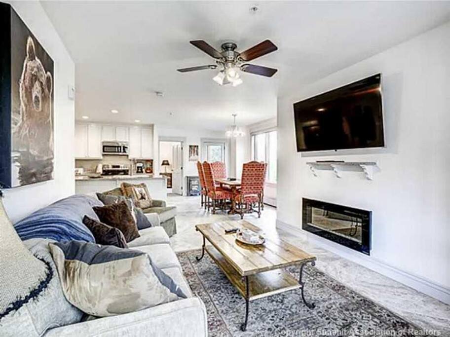 Living Room - Spacious Living Room with Fireplace, Flat Screen TV, Queen Sofa Sleeper, DVD Player, and a Wall of Windows:Enjoy the Natural Sunlight.