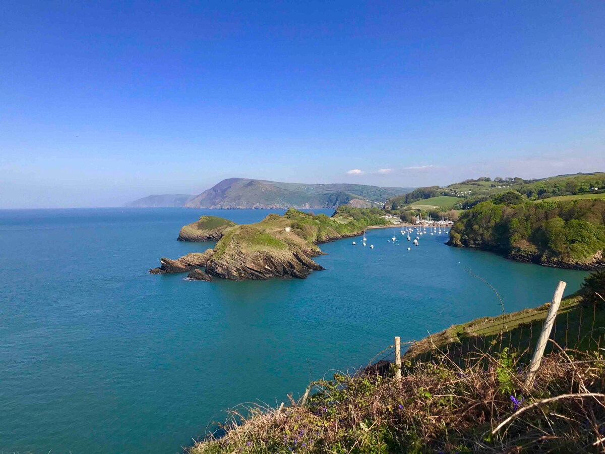 A panoramic view of a serene coastline showcases gentle hills and a vibrant stretch of turquoise water. Several boats are anchored in the bay, framed by lush greenery and rugged cliffs that extend into the sea under a clear blue sky.