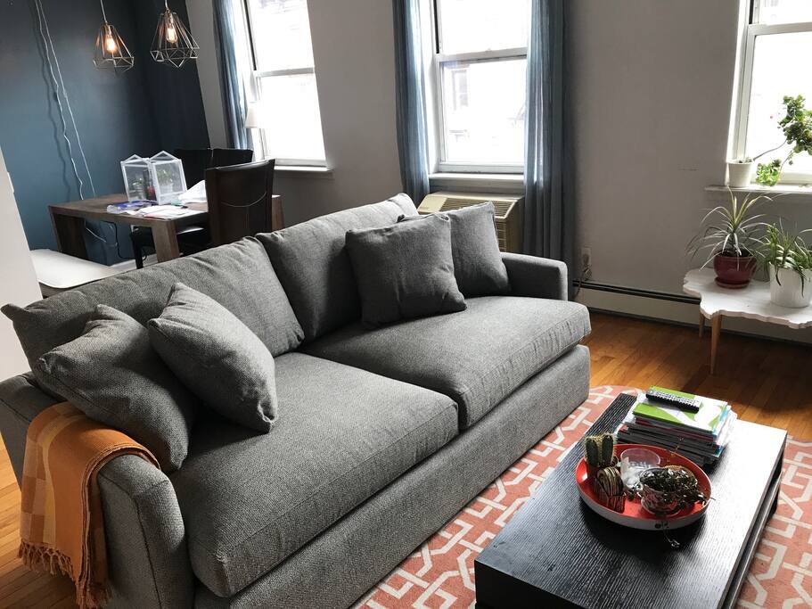 Living room with a cozy couch.