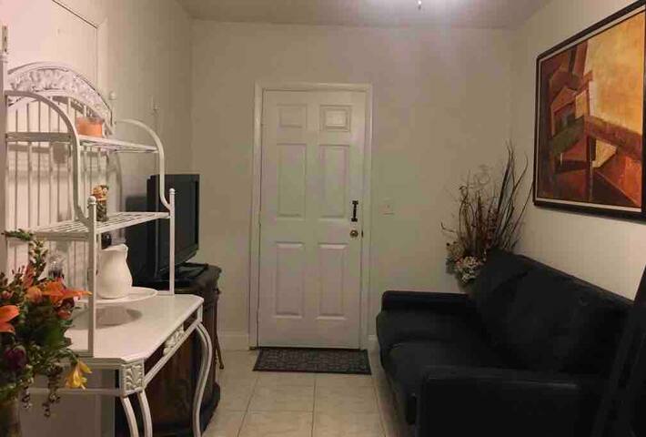 A private suite with a kitchen. A relaxing area