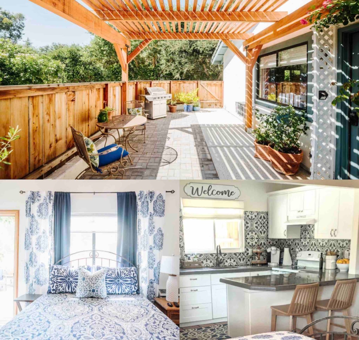 An outdoor patio is highlighted by a wooden pergola, featuring a grilling area and two seating options. Inside, a queen bed with decorative pillows and a welcoming wall sign is seen alongside a well-equipped kitchen with vibrant tile patterns and ample counter space.