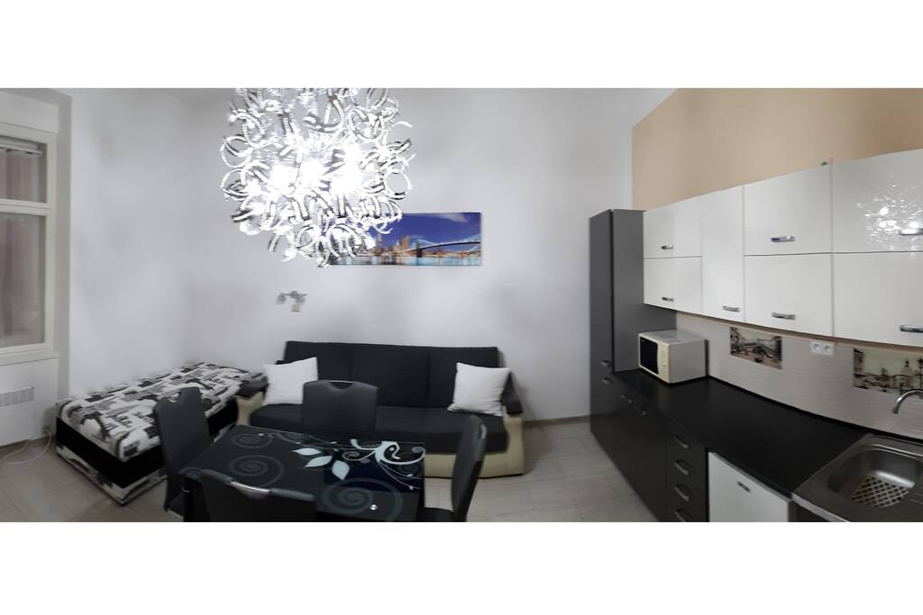 Living room with fully equipped kitchen + 1 bed and 1 pull-out sofa. In kitchen is everything you might need to prepare any meal you can think of. There is also a dishwasher, fridge, kettle and an oven.