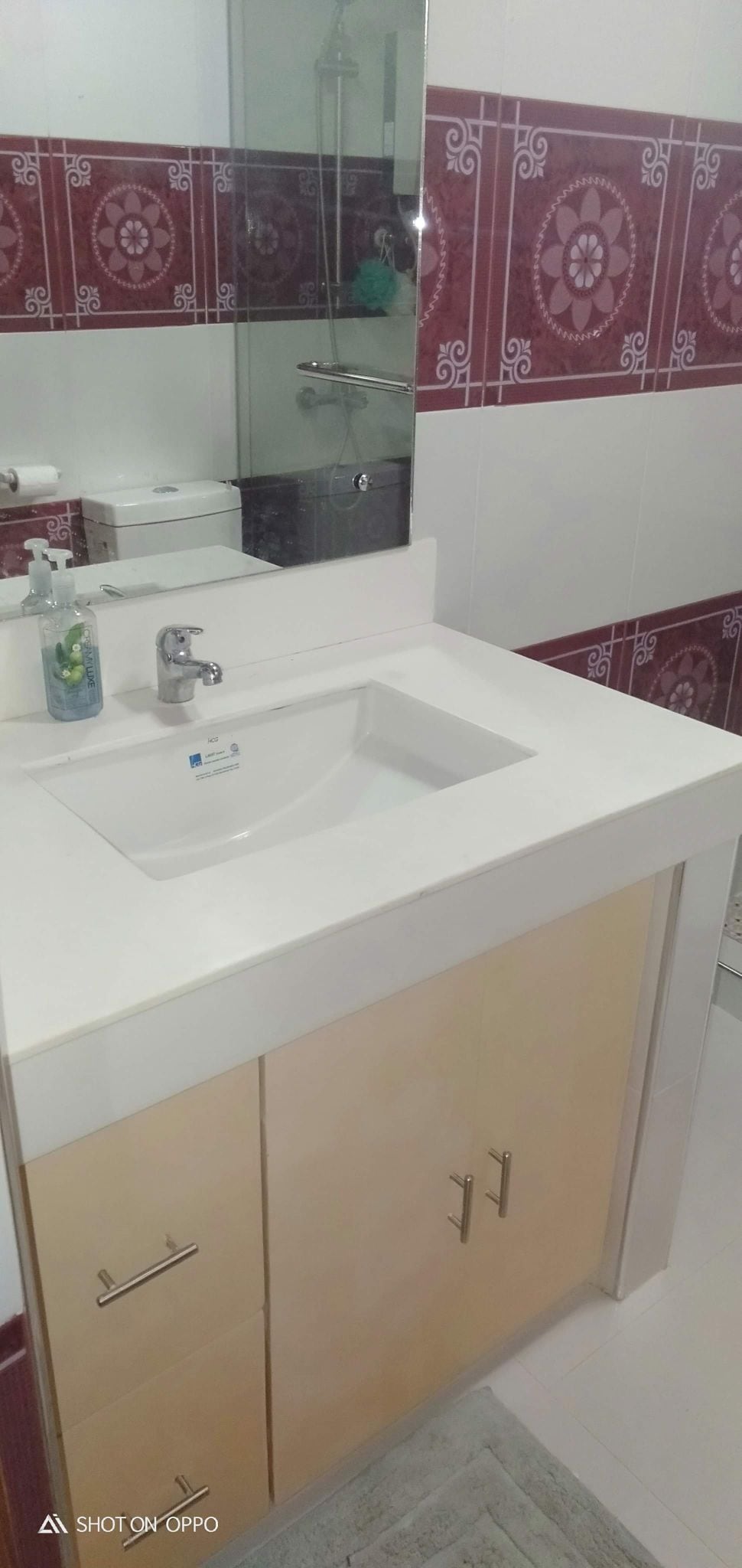 A clean bathroom sink area is shown, featuring a white countertop and light wooden cabinetry. A modern faucet and glass soap dispenser are positioned beside a small plant. The rear wall is decorated with red patterned tiles, enhancing the overall aesthetic of the space.