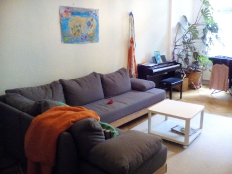 Ein WWohnzimmer mit Kamin und sehr bequemen Schlafsofa