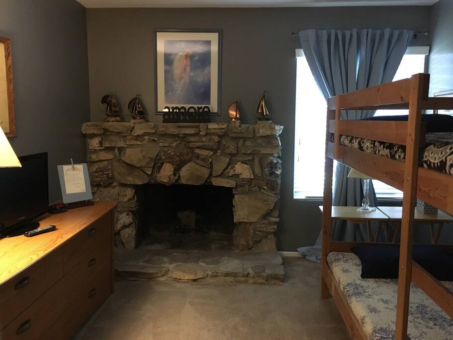 Bedroom - Twin Bunk Beds, decorative fireplace (TV is no longer in room)