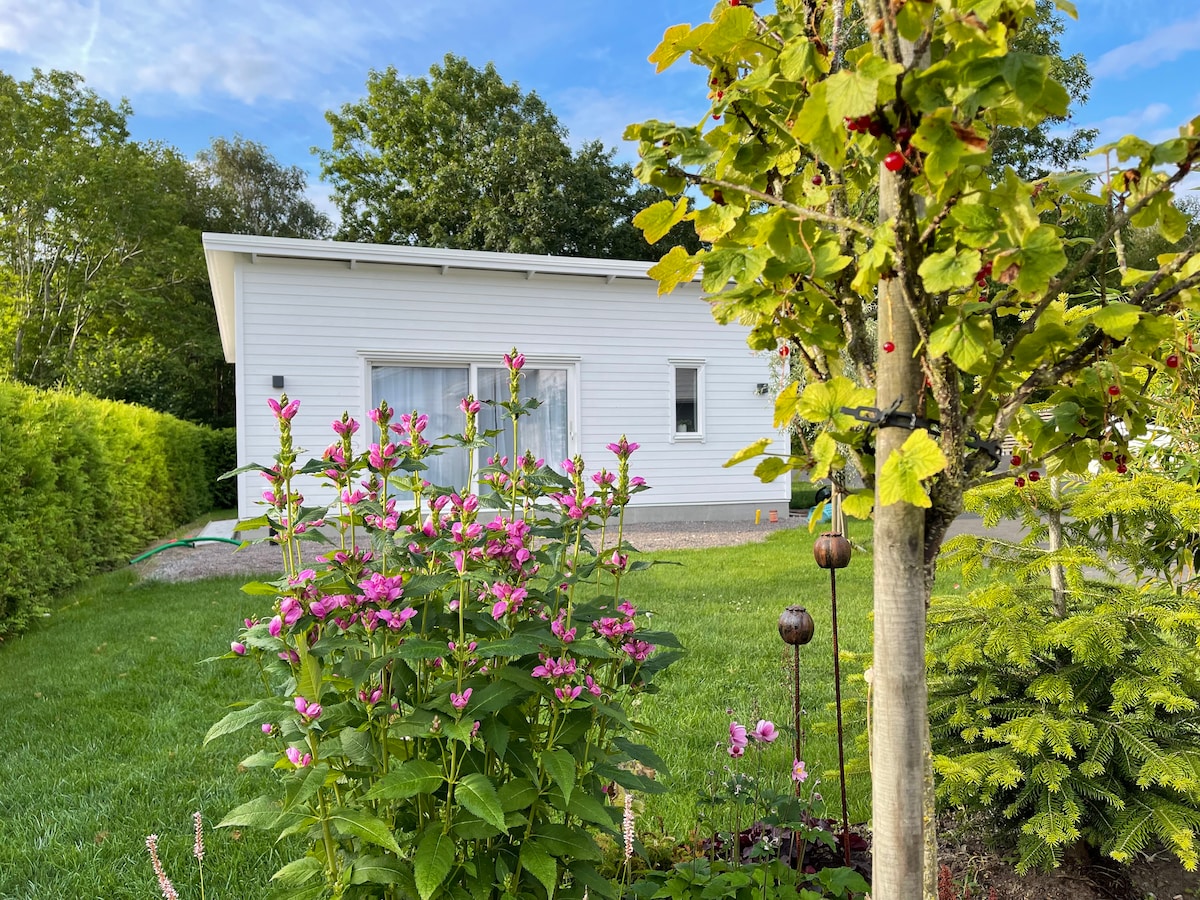 A contemporary white building is framed by vibrant green grass and blooming pink flowers. Soft sunlight enhances the lush surroundings, with a tree providing a natural border. The exterior features large glass doors that invite the outdoor landscape into the living space.