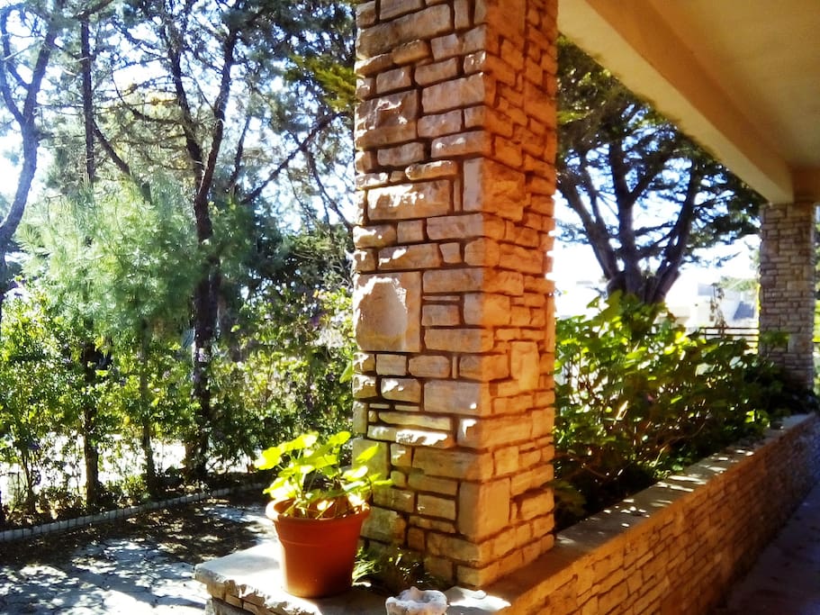 Veranda coperta, costeggiata da piante di geranei