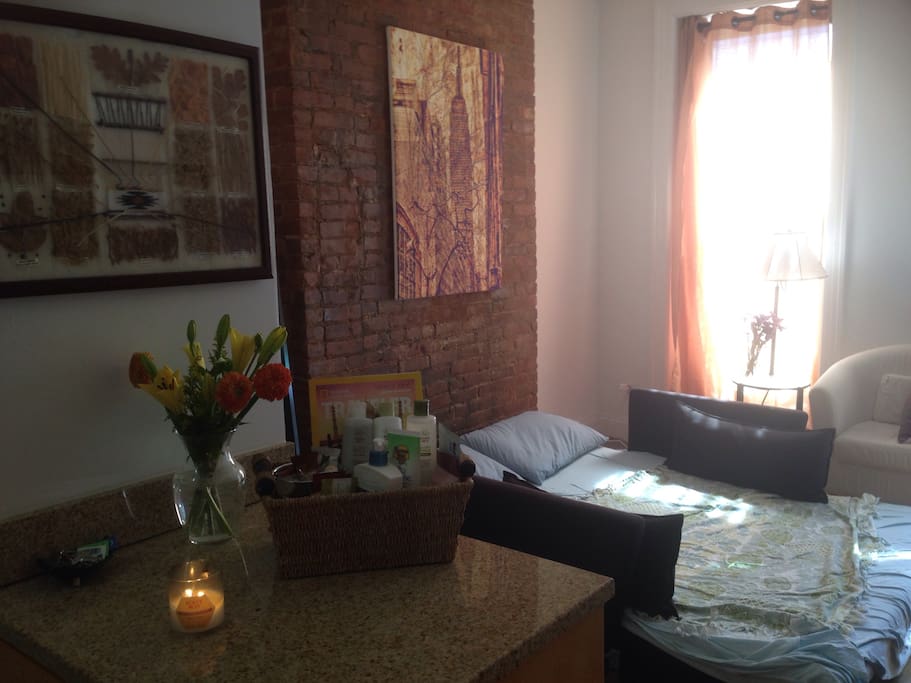 The living room (where the guest will stay) is adjacent to the kitchen