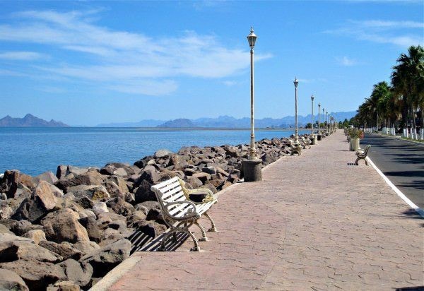 A scenic seaside walkway is visible, lined with decorative benches and palm trees. The path is bordered by large rocks and features streetlamps, extending toward the calm blue water. Mountains can be seen in the background under a clear blue sky.