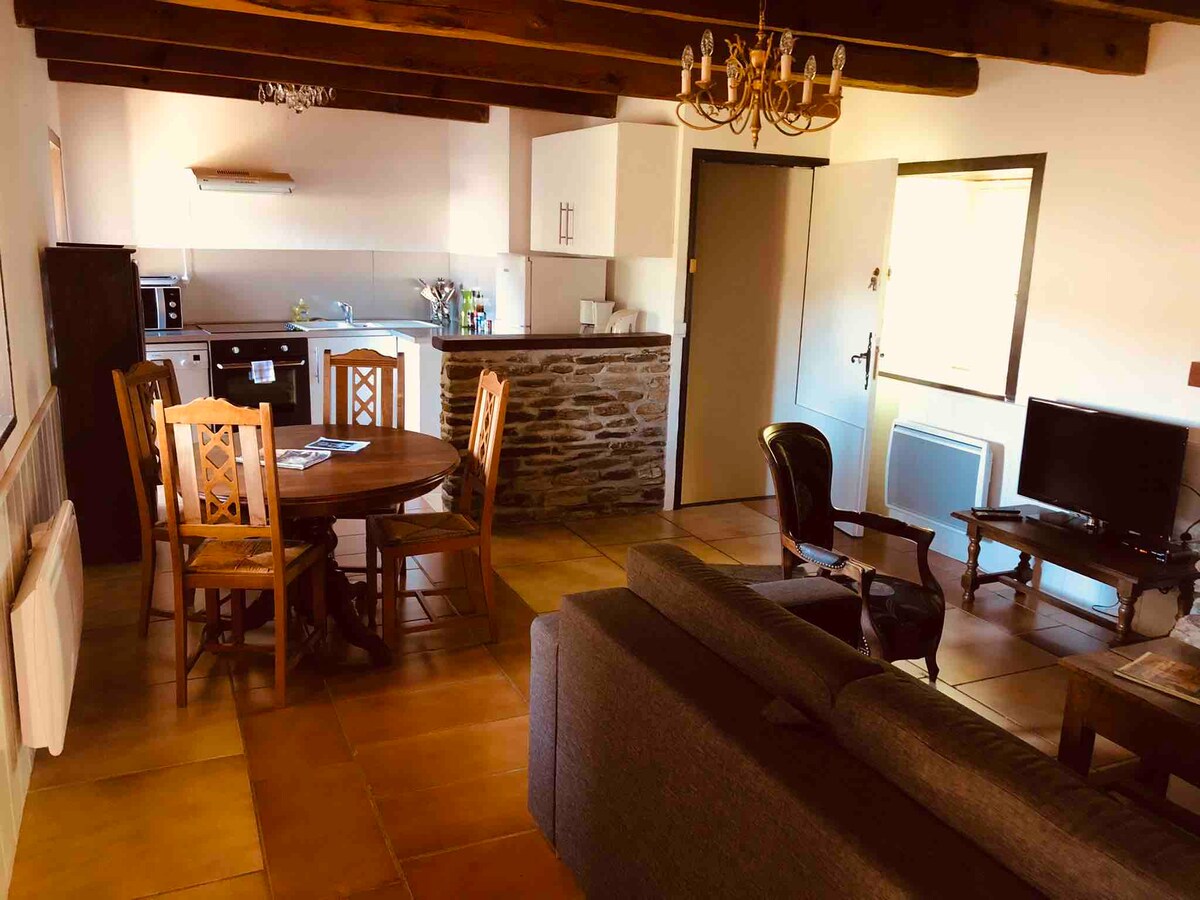 An open living space features a round dining table with four wooden chairs beside a stone bar. A light sofa sits opposite a television, and a chandelier hangs from the wooden-beamed ceiling. The kitchen area is equipped with modern appliances and ample counter space.