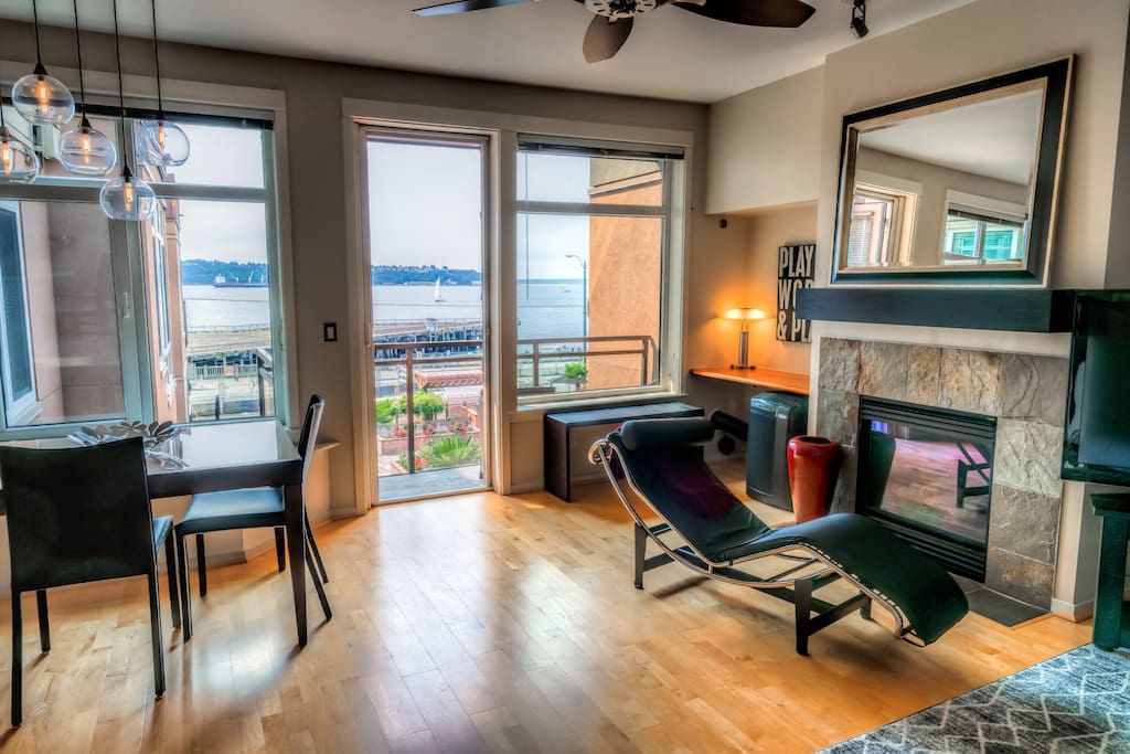 Open floor plan with waterfront view.