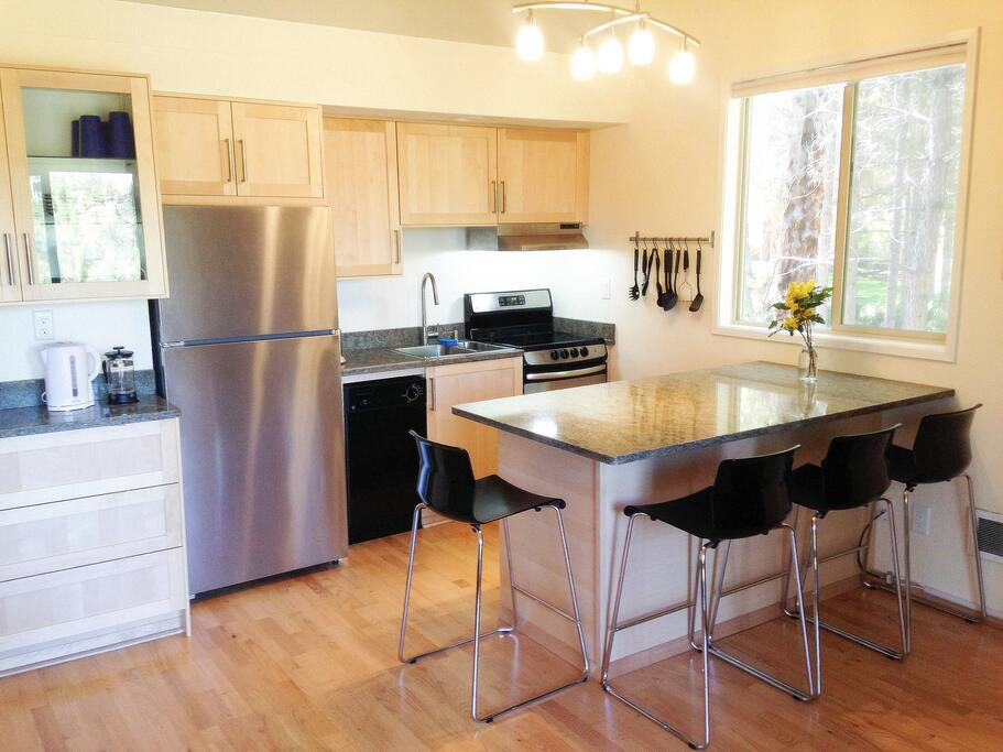 New and well- stocked kitchen.