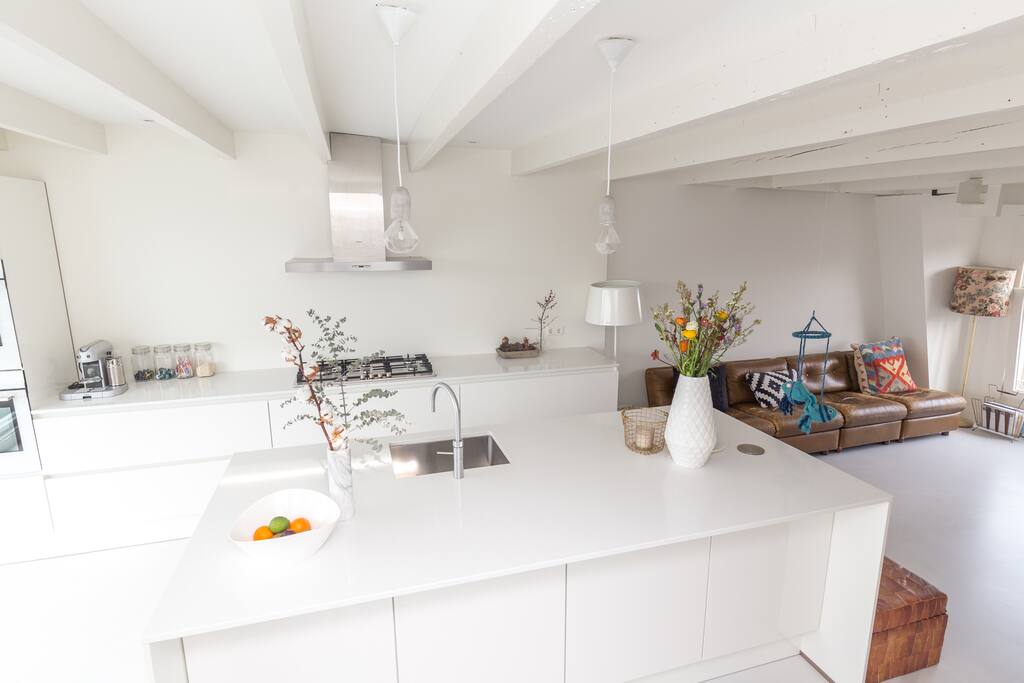 The kitchen, with lounge to the right.