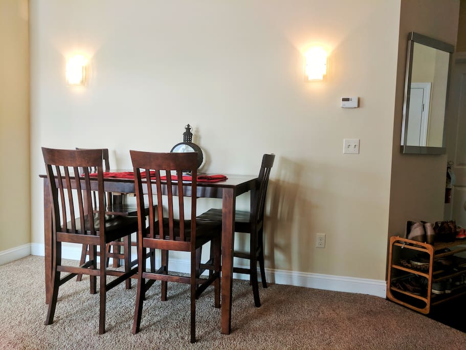 Wood table in shared dining room space