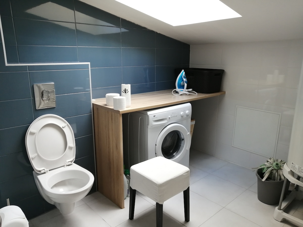 The laundry area features a modern washing machine beside a wooden countertop. A compact stool provides seating, and an iron sits on the counter. A small black basket and a potted plant are visible, adding a touch of organization to the space.
