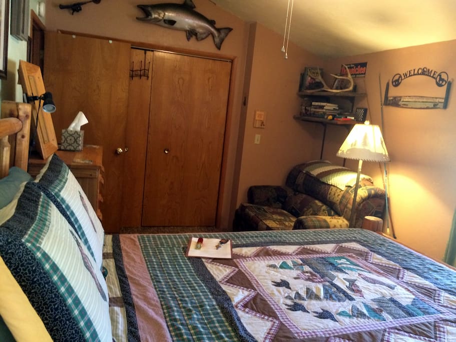 The Fishing Room sleeps two in a Queen Tempur-pedic lodge pole bed.
