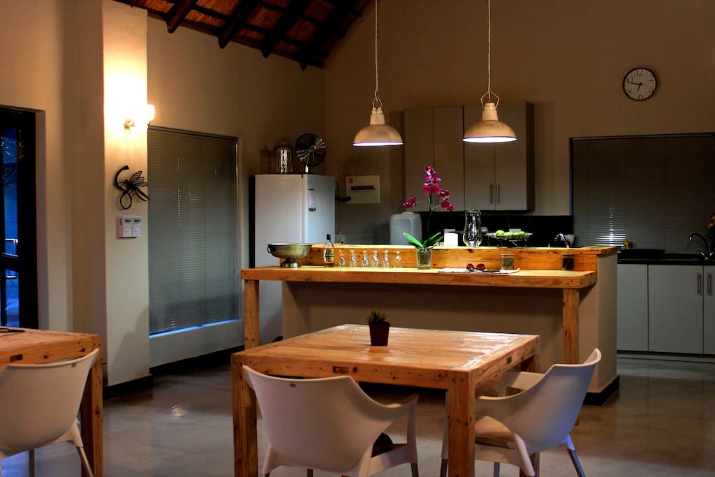 Breakfast is serves in the spacious dining room at private tables.