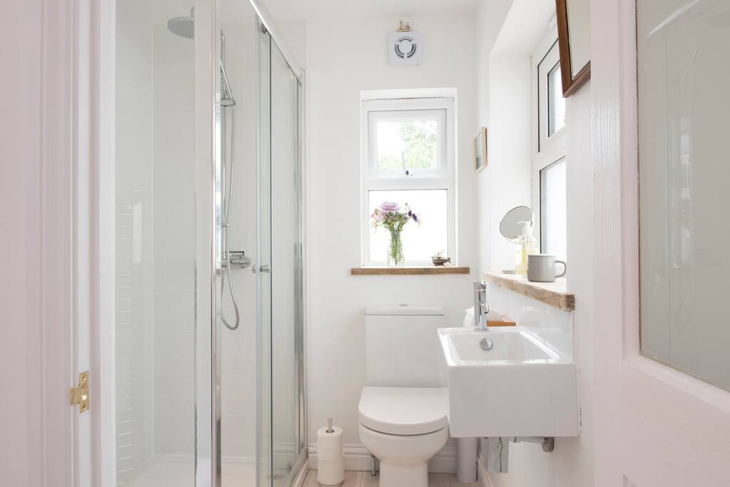 Spacious shower stall and clean modern lines. White washed floor boards throughout the studio flat.