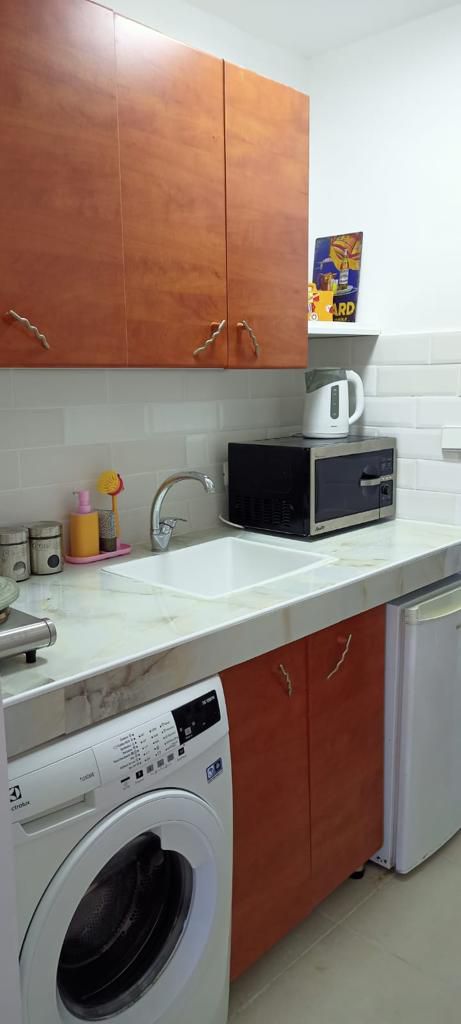 A compact kitchen area is showcased, featuring wooden cabinets above a countertop. Included are essential appliances such as a microwave, kettle, and a refrigerator. A washing machine is positioned to the left, with a small sink nearby.