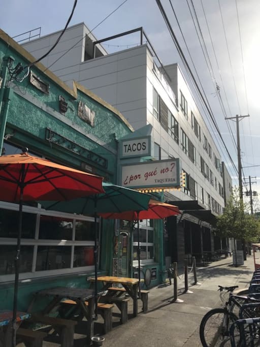 Literally around the corner. One of top 10 restaurants in all of the Rose City; and yes there will be a long line of patrons trying to get a taco fix. Trick: Order takeaway and skip the line and bring food back to the bungalow.