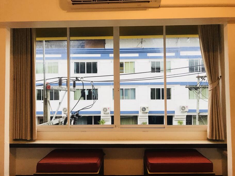 Looking outside through windows. see Great view of city center :)