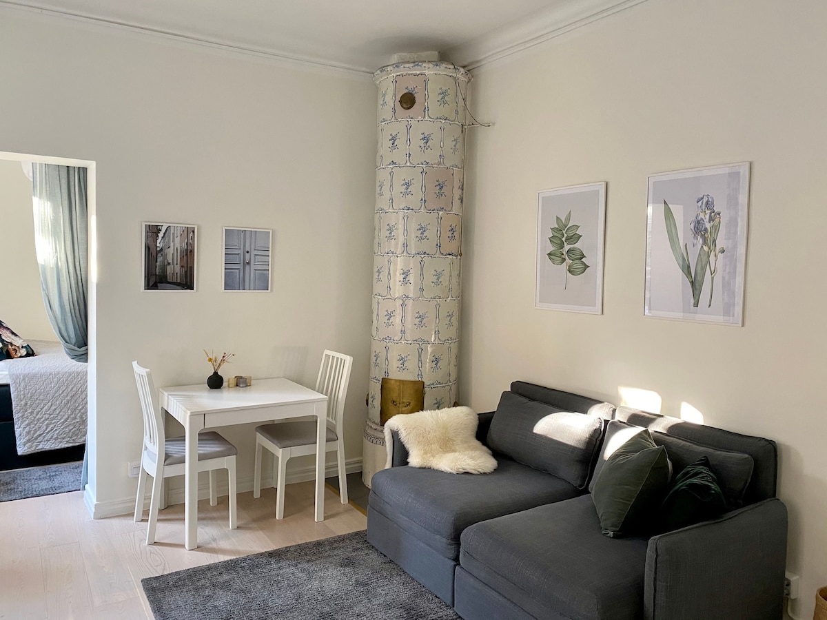 A bright living area features a gray sectional sofa and a small dining table with four white chairs. Framed botanical prints adorn the walls, while a traditional tiled stove adds a touch of charm to the space.