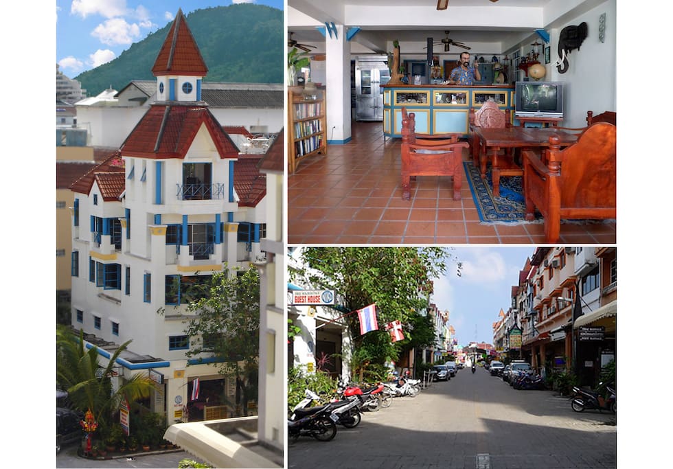 Guesthouse, reception and street