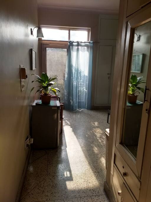 Mini fridge and French window