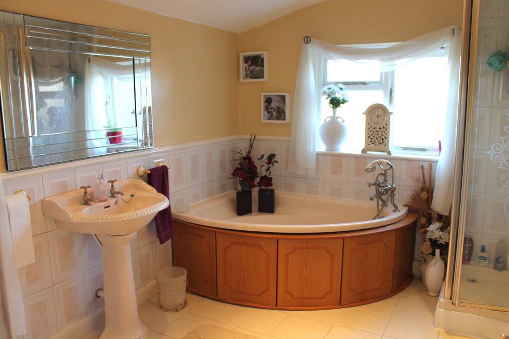 This is the bathroom which also has a separate bath, full length shower and floor to ceiling mirror.