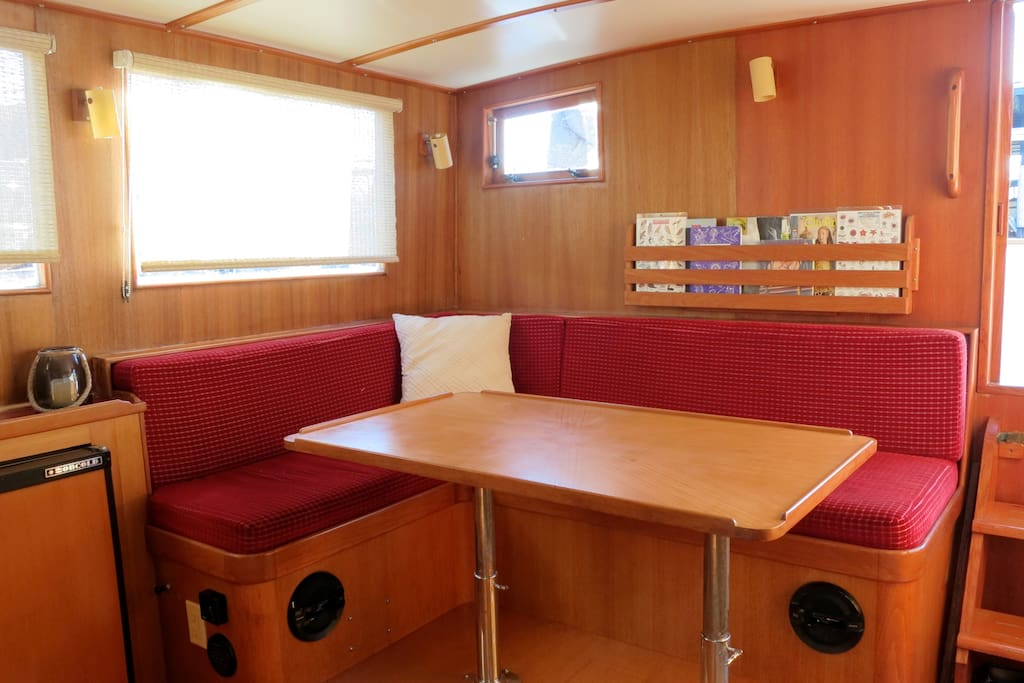 The galley, adjacent to the entrance - with bluetooth speakers, full kitchen and more.