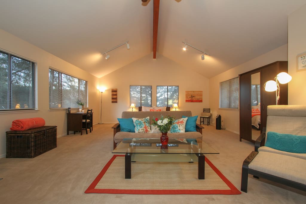 Living room area with sleeping area in the distance.