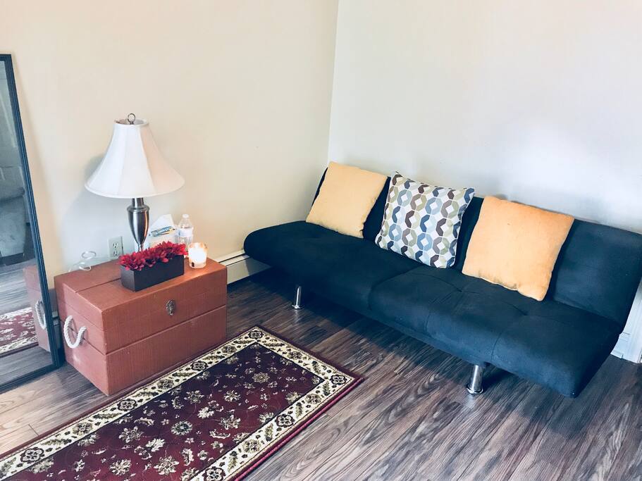 Living room area, not private. Other tenants walk through this area. Available for an additional guest.