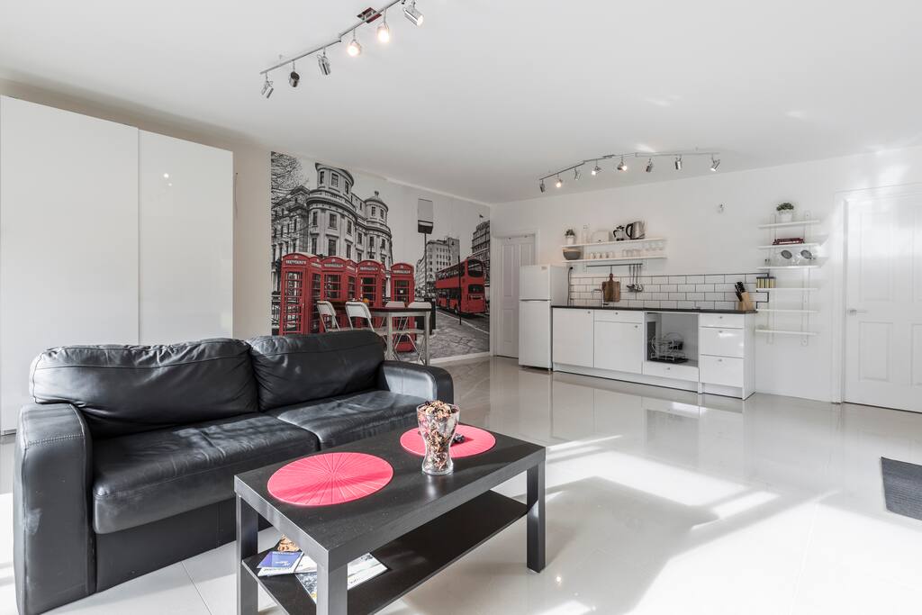 Living space with leather couch which folds out into Bed, full size fridge, kitchen with hot plate and microwave, bedroom is seperate from the living space, so you have more room and it feels more like a studio apartment.